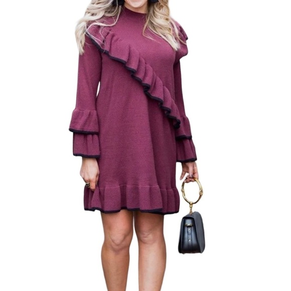 Bp NWT LONG SLEEVE MAROON SWEATER DRESS WITH RUFFLE DETAILS - SIZE XS - Picture 1 of 14